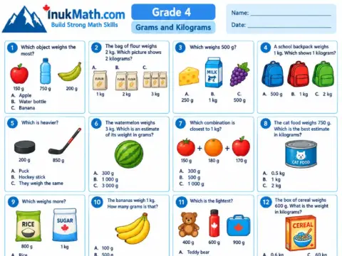Grams and Kilograms – Grade 4 math worksheet preview