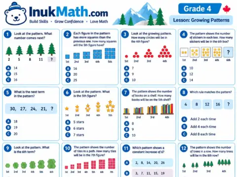 Growing Patterns – Grade 4 math worksheet preview