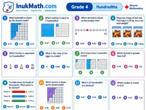 Hundredths – Grade 4 math worksheet preview