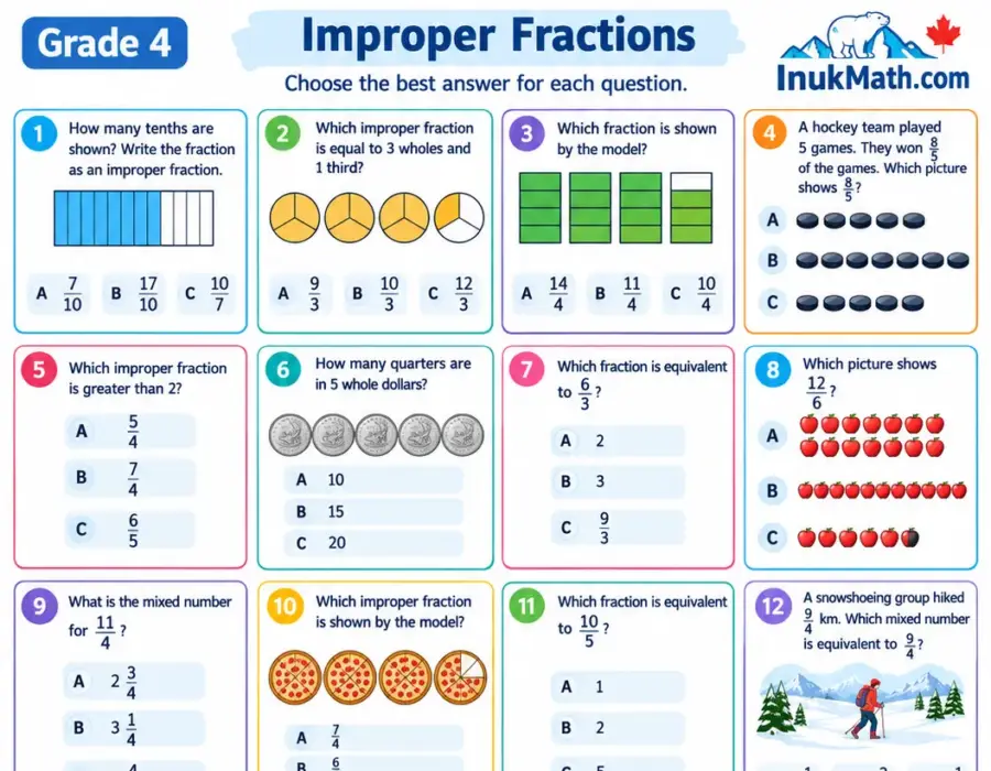 Improper Fractions – Grade 4 math worksheet (preview)