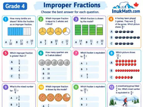 Improper Fractions – Grade 4 math worksheet preview