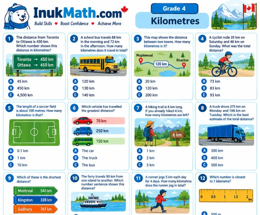 Kilometres – Grade 4 math worksheet (preview)