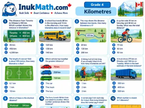 Kilometres – Grade 4 math worksheet preview