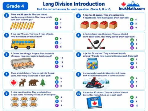 Long Division Introduction – Grade 4 math worksheet preview