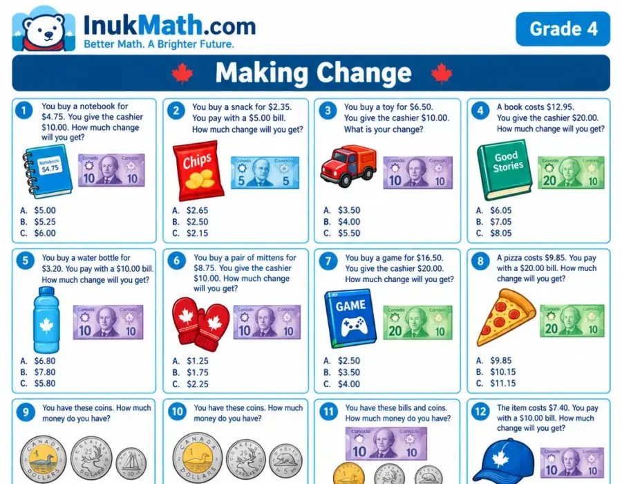Making Change – Grade 4 math worksheet (preview)