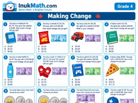 Making Change – Grade 4 math worksheet preview