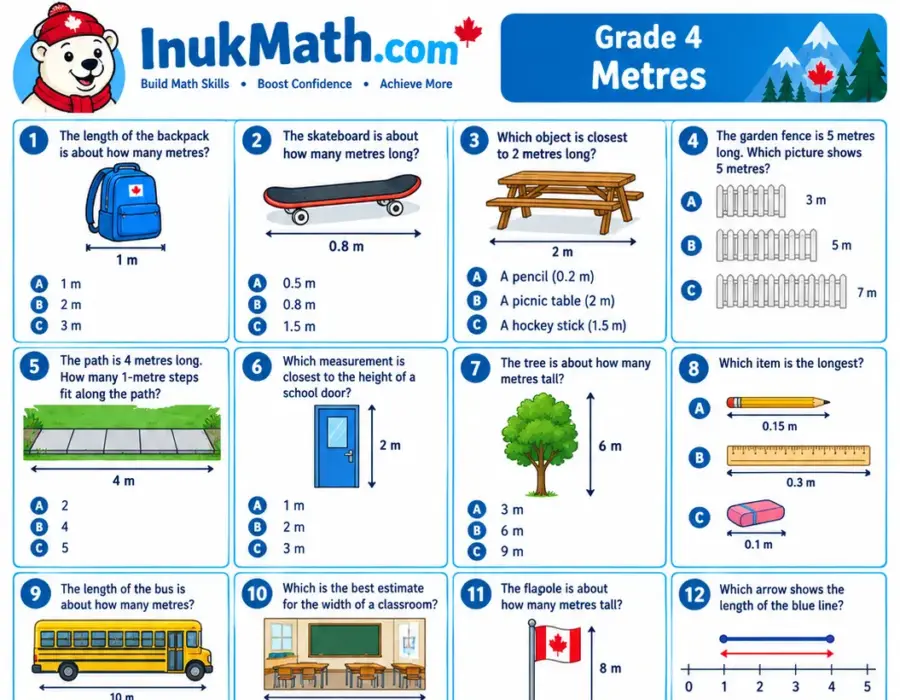 Metres – Grade 4 math worksheet (preview)