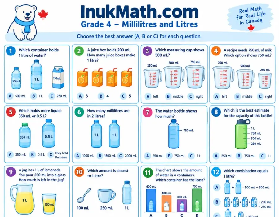 Millilitres and Litres – Grade 4 math worksheet (preview)
