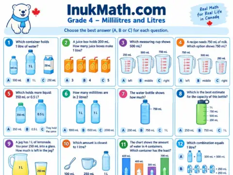 Millilitres and Litres – Grade 4 math worksheet preview