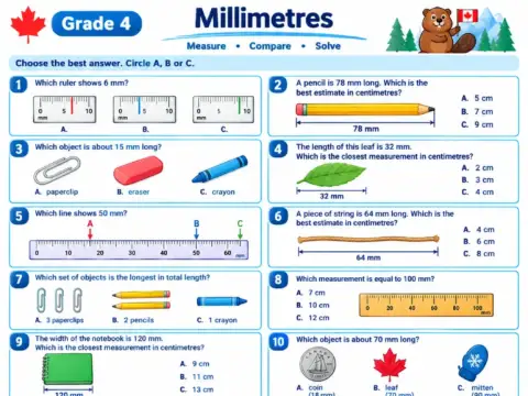 Millimetres – Grade 4 math worksheet preview