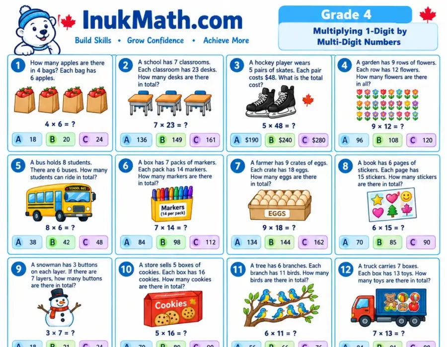 Multiplying 1-Digit by Multi-Digit Numbers – Grade 4 math worksheet (preview)