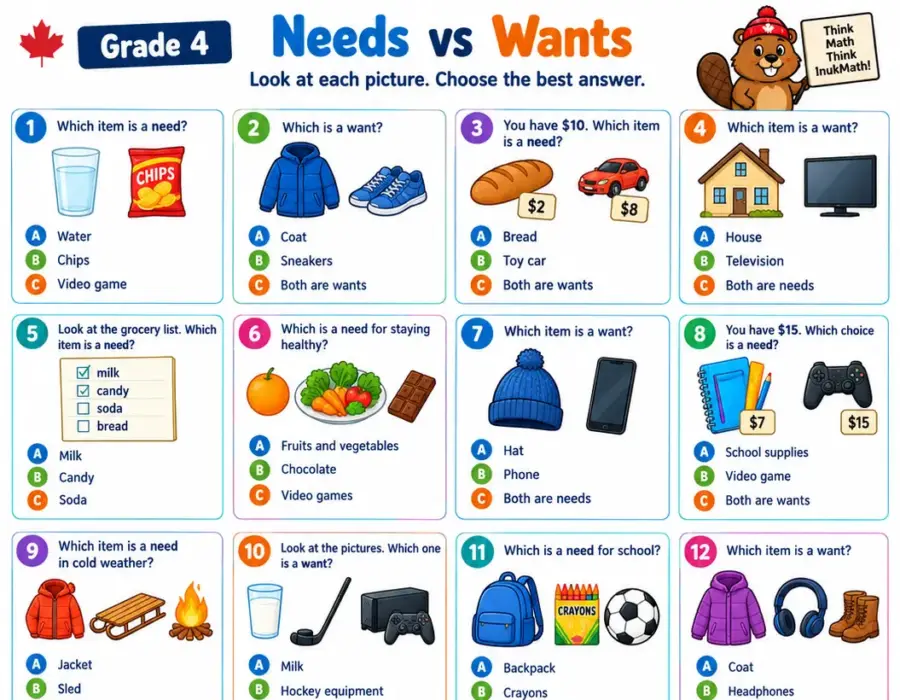 Needs vs Wants – Grade 4 math worksheet (preview)