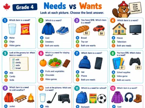 Needs vs Wants – Grade 4 math worksheet preview