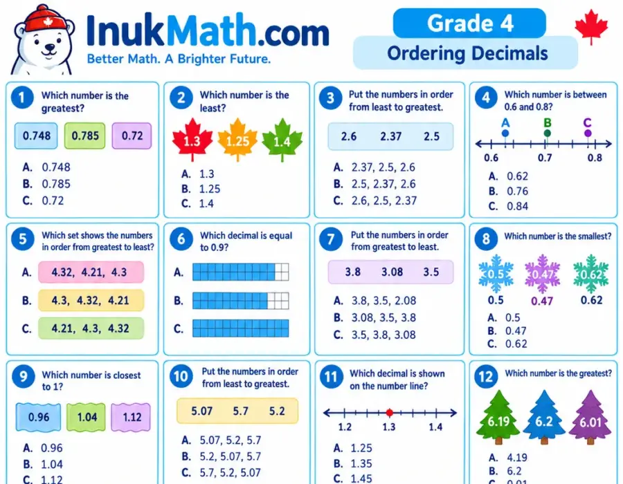 Ordering Decimals – Grade 4 math worksheet (preview)