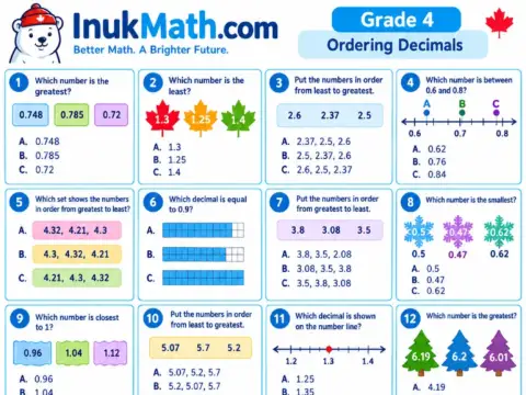 Ordering Decimals – Grade 4 math worksheet preview