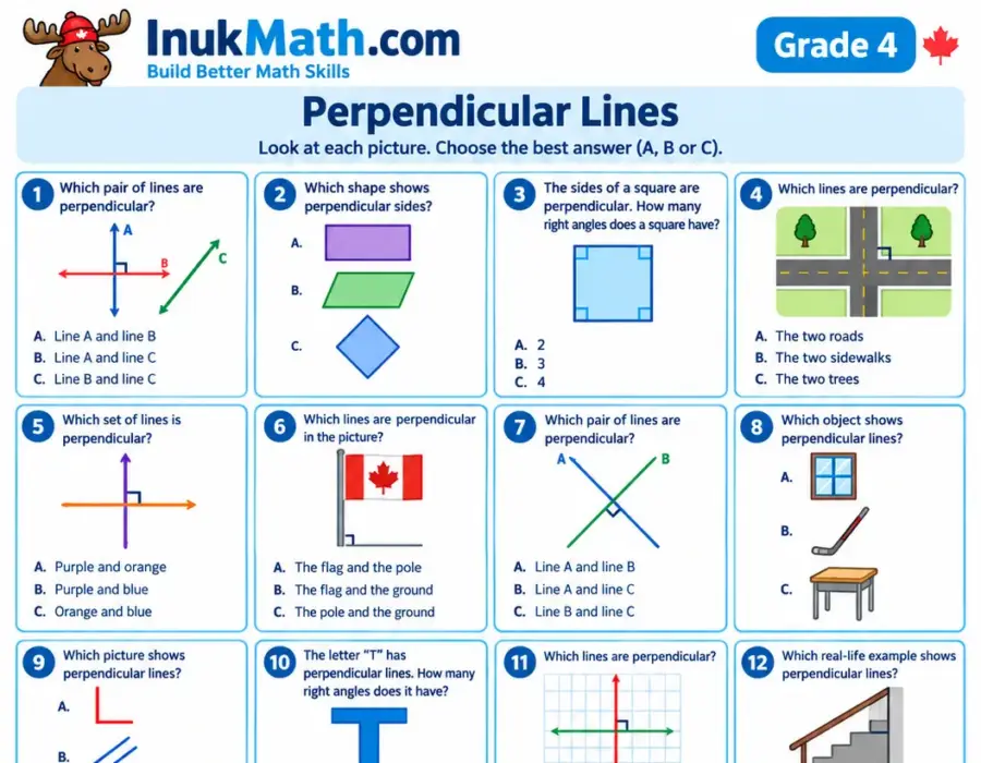 Perpendicular Lines – Grade 4 math worksheet (preview)