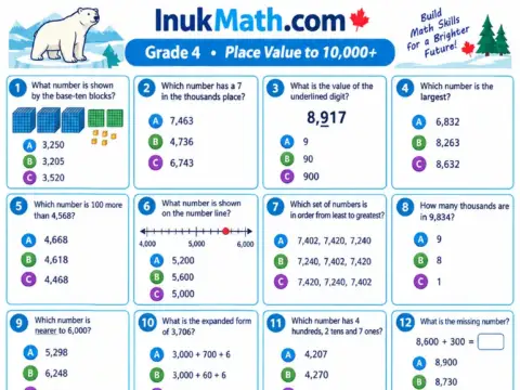 Place Value to 10,000+ – Grade 4 math worksheet preview