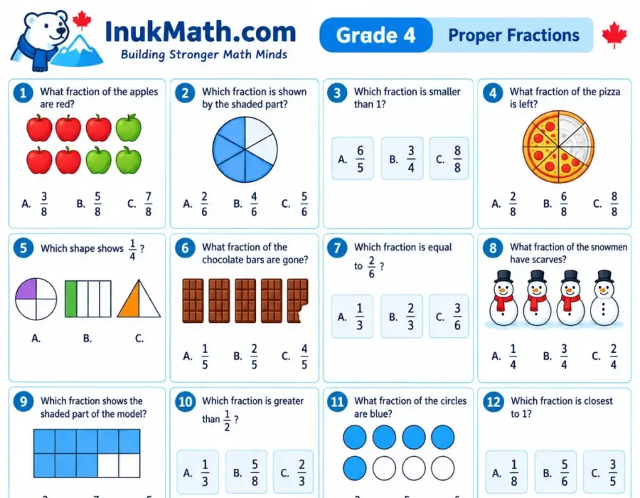 Proper Fractions – Grade 4 math worksheet (preview)