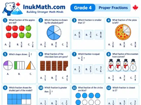 Proper Fractions – Grade 4 math worksheet preview