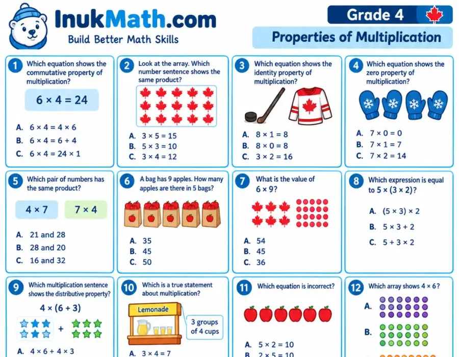 Properties of Multiplication – Grade 4 math worksheet (preview)