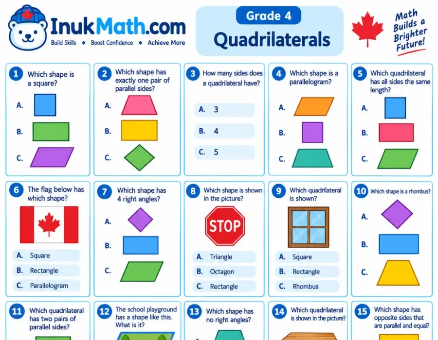 Quadrilaterals – Grade 4 math worksheet (preview)