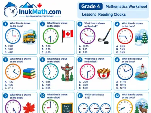 Reading Clocks – Grade 4 math worksheet preview