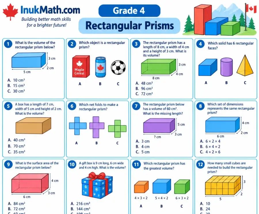 Rectangular Prisms – Grade 4 math worksheet (preview)