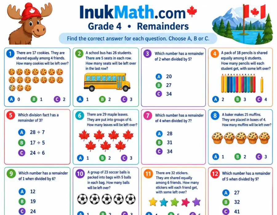 Remainders – Grade 4 math worksheet (preview)