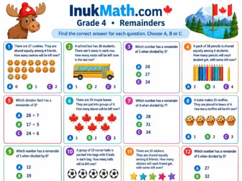 Remainders – Grade 4 math worksheet preview