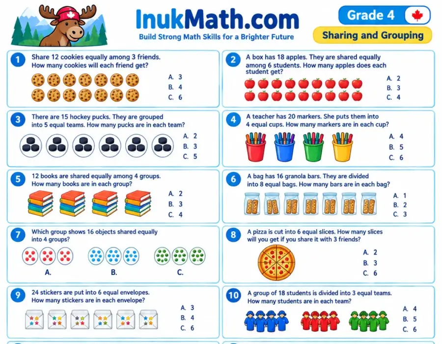 Sharing and Grouping – Grade 4 math worksheet (preview)