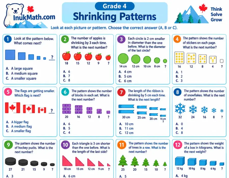 Shrinking Patterns – Grade 4 math worksheet (preview)