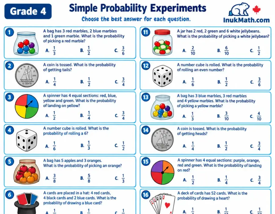 Simple Probability Experiments – Grade 4 math worksheet (preview)