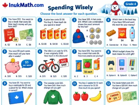 Spending Wisely – Grade 4 math worksheet preview