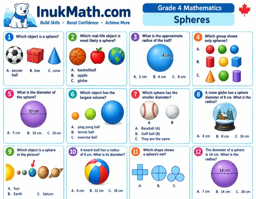 Spheres – Grade 4 math worksheet (preview)