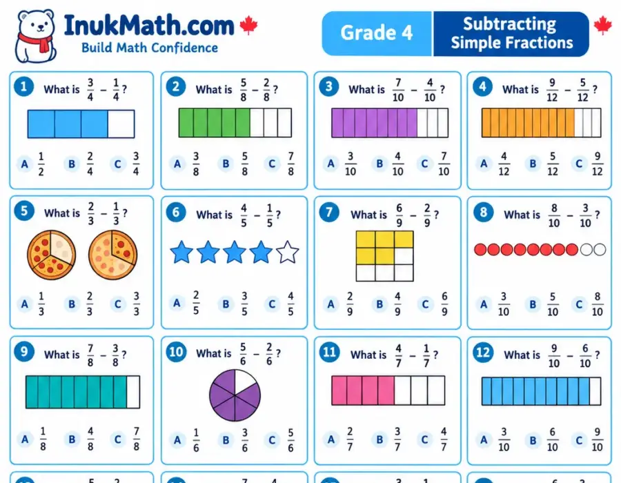 Subtracting Simple Fractions – Grade 4 math worksheet (preview)