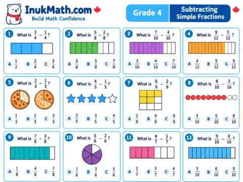 Subtracting Simple Fractions – Grade 4 math worksheet preview