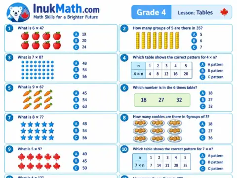 Tables – Grade 4 math worksheet preview