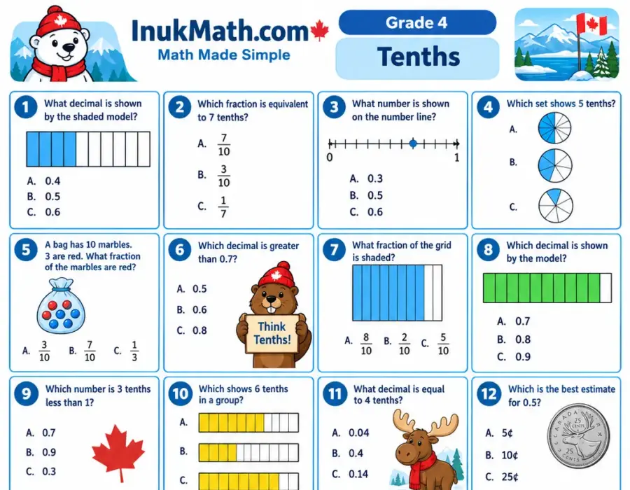 Tenths – Grade 4 math worksheet (preview)
