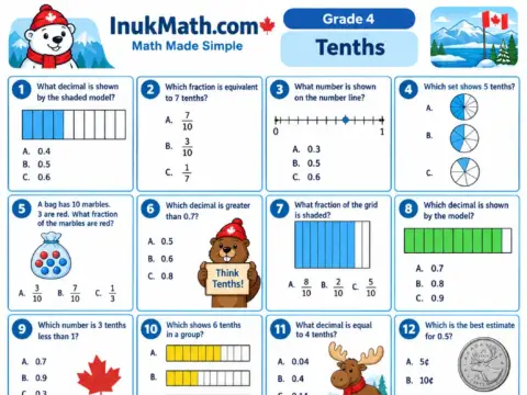 Tenths – Grade 4 math worksheet preview