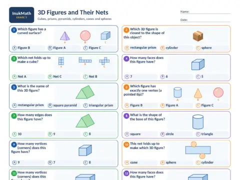 3D Figures and Their Nets – Grade 5 math worksheet preview