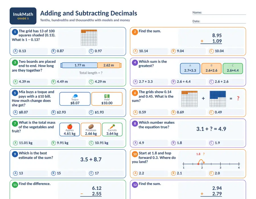 Adding and Subtracting Decimals – Grade 5 math worksheet (preview)
