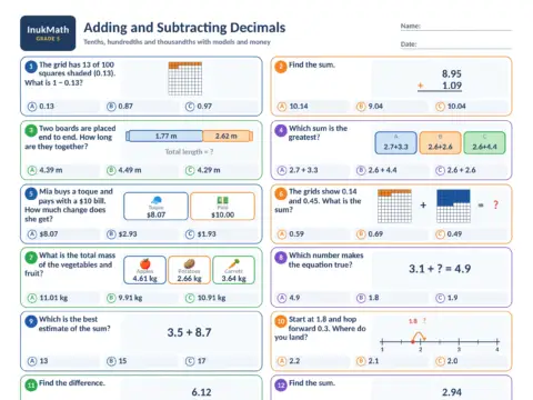 Adding and Subtracting Decimals – Grade 5 math worksheet preview