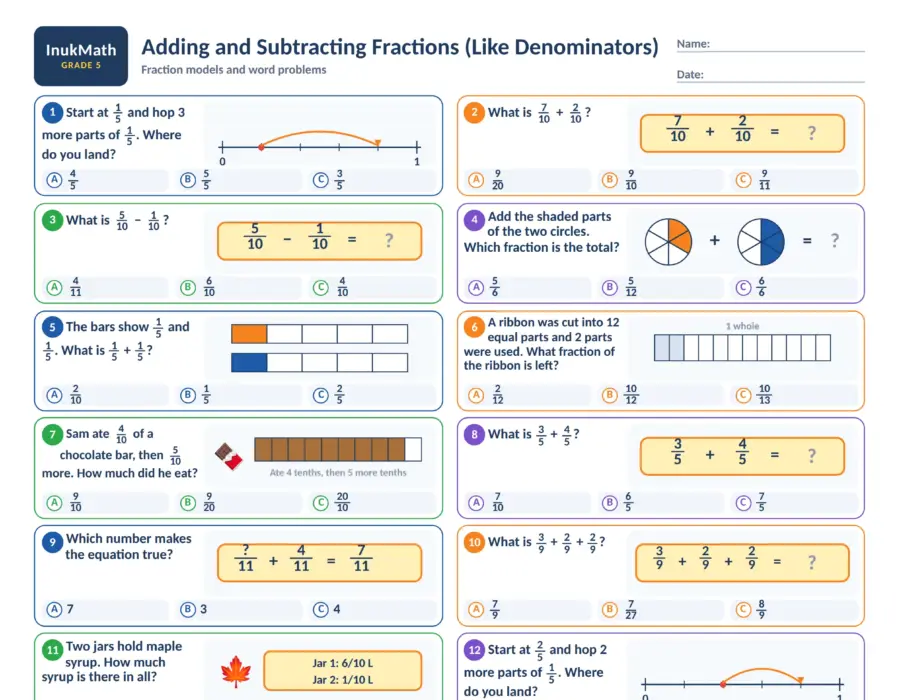 Adding and Subtracting Fractions (Like Denominators) – Grade 5 math worksheet (preview)