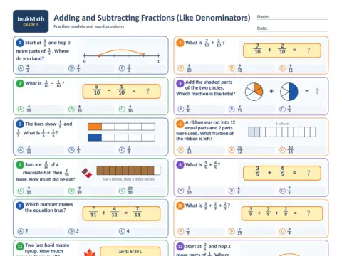 Adding and Subtracting Fractions (Like Denominators) – Grade 5 math worksheet preview