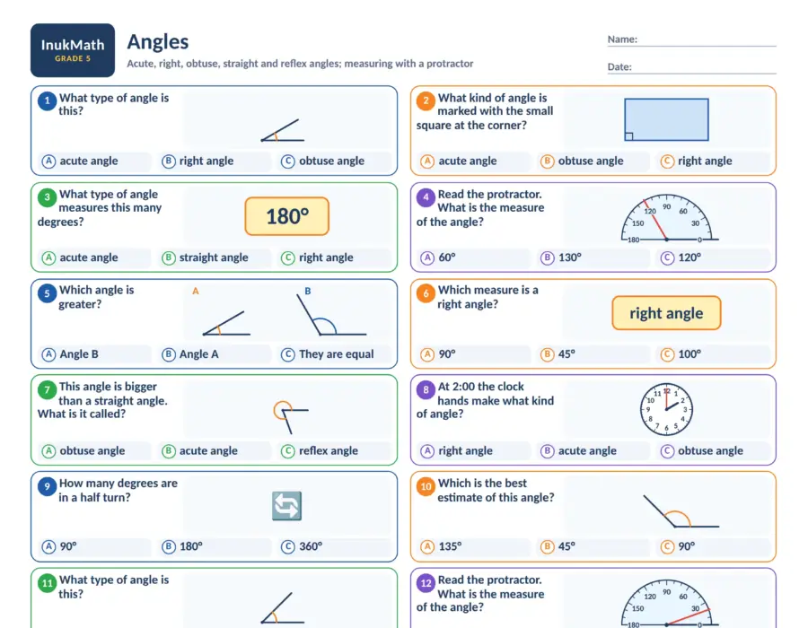 Angles – Grade 5 math worksheet (preview)
