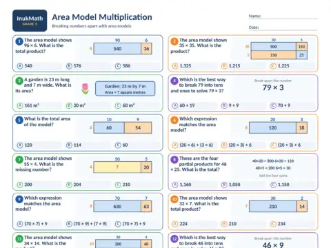 Area Model Multiplication – Grade 5 math worksheet preview