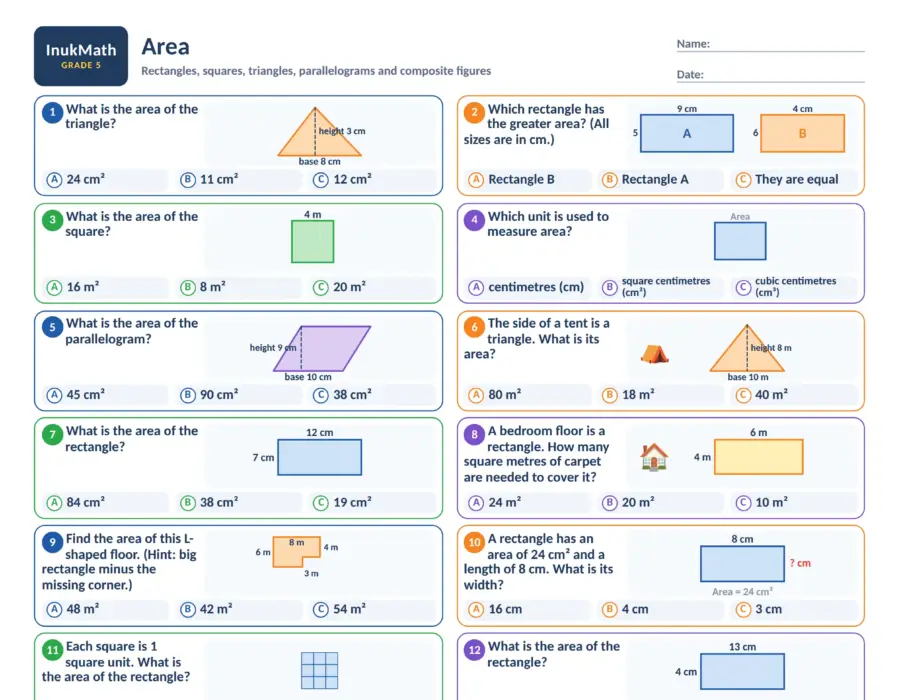 Area – Grade 5 math worksheet (preview)