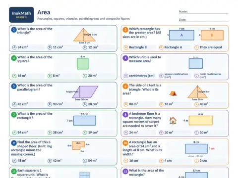 Area – Grade 5 math worksheet preview