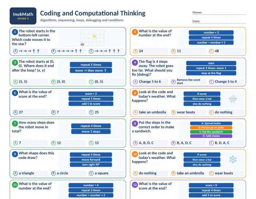 Coding and Computational Thinking – Grade 5 math worksheet (preview)
