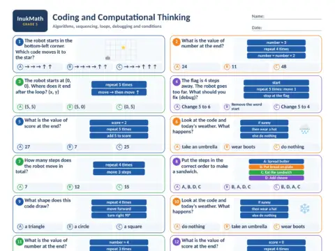Coding and Computational Thinking – Grade 5 math worksheet preview